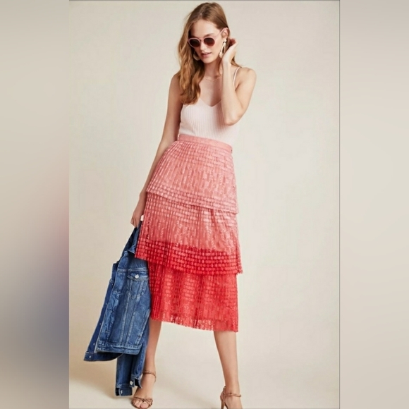 Nwt Anthropologie Maeve Brighton Tiered Lace Ombre Midi Skirt - Picture 11 of 16